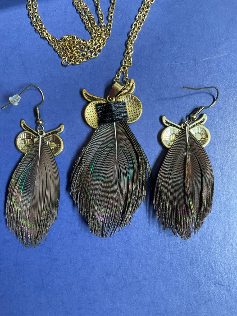 Peacock feather owl jewelry set - Picture 4 of 5